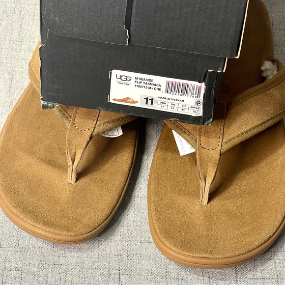 UGG Seaside Suede & Sherpa Flip Flop Sandal Tasmania Tan Sandals Nwt 11 - Picture 6 of 10